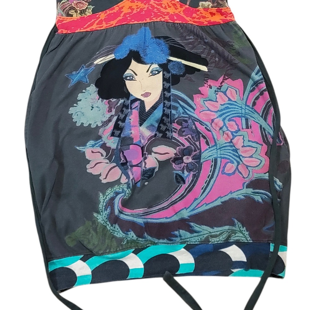 Desigual Asian Geisha Print Dress Short Sleeve Art Y2K Colorful XS / S FLAW - Picture 10 of 12